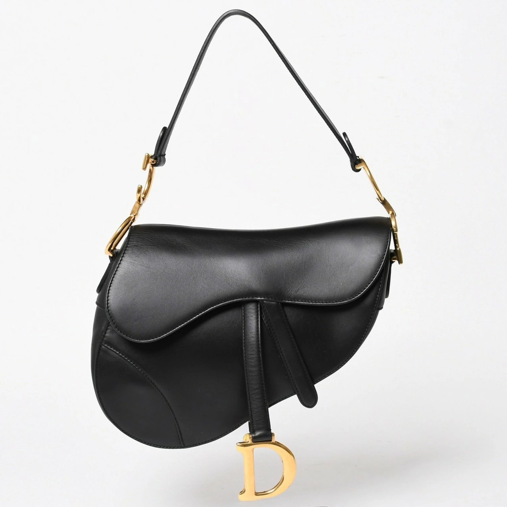 Christian Dior Saddle Bag Hobo Shoulder Bag Smooth Calfskin Black